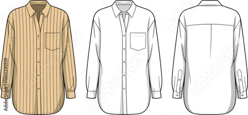 Cad drawing flat vector illustration of casual long sleeve button-up shirts, men's fashion tops, front and back views, stylish clothing design