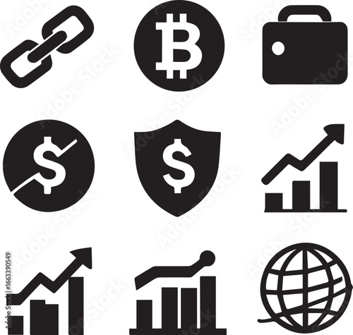 Monochrome glyph icon set for fintech, illustrating concepts of digital token flow, blockchain security, and financial growth