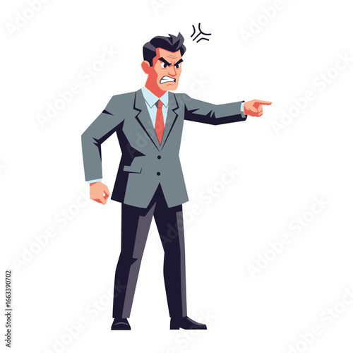 Furious Businessman Gesturing: A sharply dressed businessman, his face contorted with anger, emphatically points while seething with rage, a visual representation of frustration and conflict.