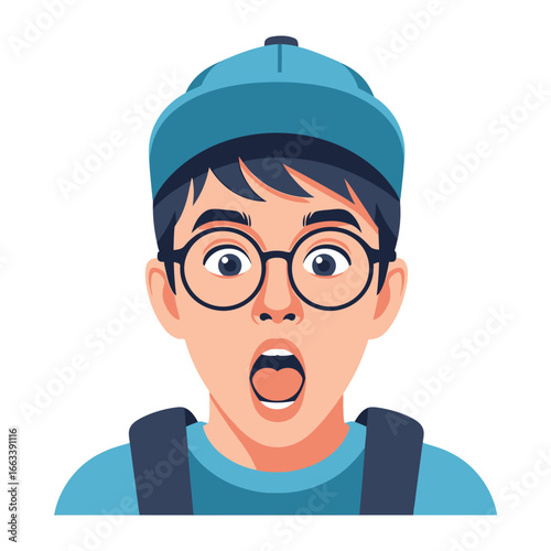 Surprised Youngster's Portrait: A digital artwork of a surprised youth with open mouth and a look of astonishment, conveying a feeling of awe, shock, or disbelief.