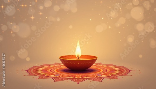 A beautiful diya illuminated against a soft golden background with shimmering lights