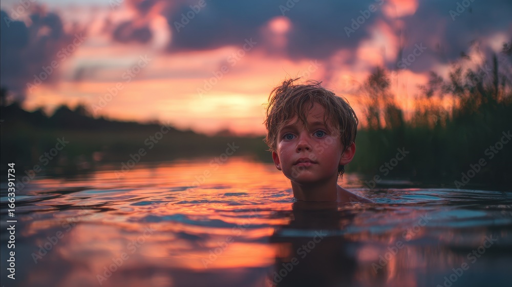 Fototapeta premium Young boy swimming in a calm river during sunset with vibrant colors in the sky