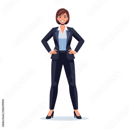 Confident professional: A poised and confident businesswoman, clad in a sharp business suit, stands tall, radiating a sense of authority and capability.