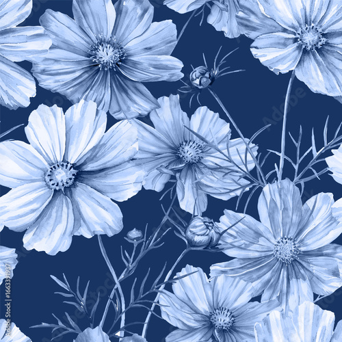 Indigcosmos flowers vector seamless pattern. Summer dress fabric print design. Blue color pattern, cosmos flowers and buds, green leaves. Mexican aster of Cosmos bipinnatus blossom endless 