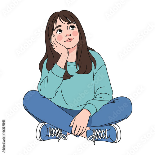 Daydreaming: A young woman sits comfortably, lost in thought and a world of endless possibilities and dreams. Capturing the spirit of youthful contemplation and serenity. 