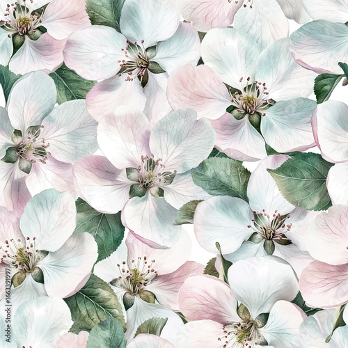 Spring tree blossom detailed flowers seamless pattern. Apple blossom vector flowers set with soft pink and white petals. Gentle white pink petals. Green leaves with delicate veins. White flowers