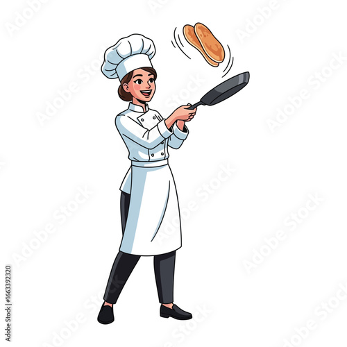 Joyful Pancake Chef: A cheerful chef expertly flips pancakes in a frying pan, evoking a sense of culinary delight, warmth, and the simple pleasure of a home-cooked meal. 