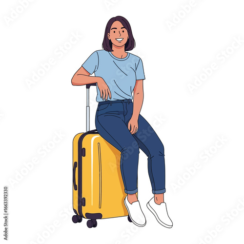 Traveler’s Pause: A young woman pauses her travel journey, resting casually on her luggage and gazing forward with anticipation for her next adventure.