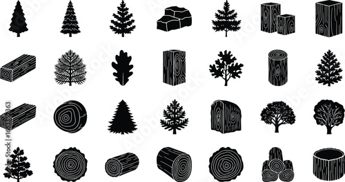 Diverse forest elements including coniferous trees, deciduous trees, and wood logs