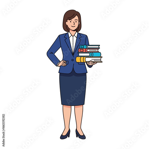 Smart Woman's Literary Trove: A professionally dressed woman confidently holds a stack of books, symbolizing knowledge, education, and intellectual pursuits.