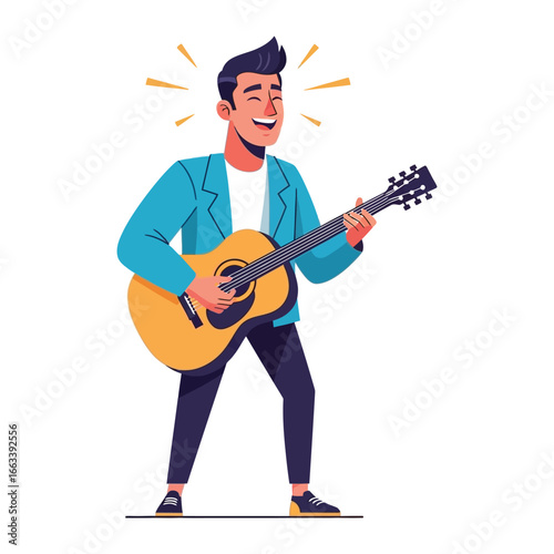 Melody in Motion: A vibrant digital illustration of a man passionately strumming a classic guitar, his face lit with the joy of music, symbolizing creativity.