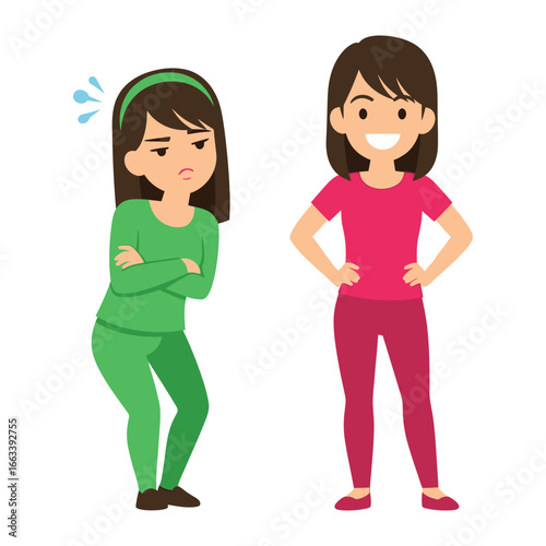 Contrasting Emotions: A vibrant illustration portrays two figures, one radiating a sense of contentment, while the other embodies frustration and discontent. Explore the spectrum of human emotion