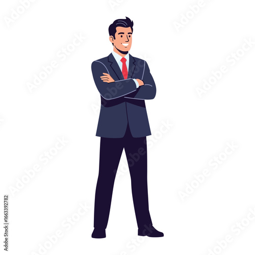 Confident Professional Standing: A well-dressed businessman in a navy suit and red tie confidently stands with arms crossed, radiating a sense of poise and authority.