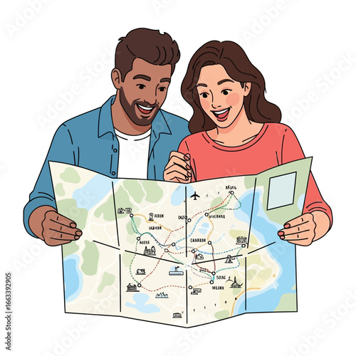 Navigating Together: A cheerful couple intently examines a detailed map, their faces illuminated with anticipation and excitement for their upcoming travel adventure.
