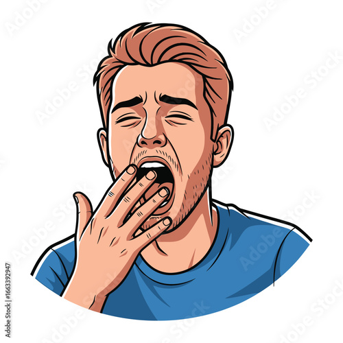 Weariness: A portrait capturing the universal experience of a tired individual, hand at the mouth, embodying the raw moment of a yawn.