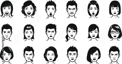 Diverse faces show emotions like anger, joy, surprise, and sadness icons