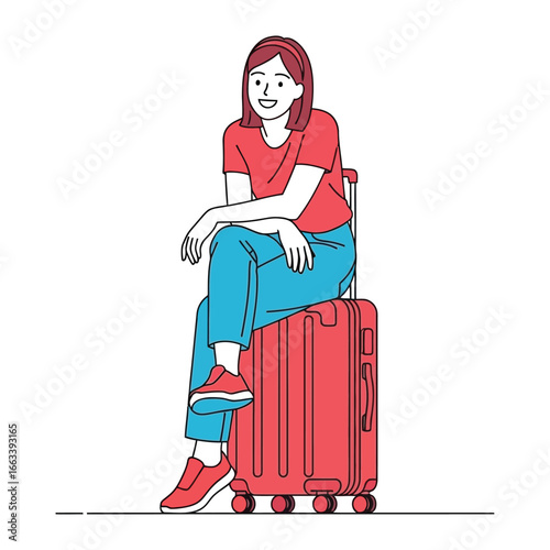 Journey's Respite: A casual traveler pauses on her luggage, her smile reflecting anticipation and the freedom of travel. capturing the essence of wanderlust.