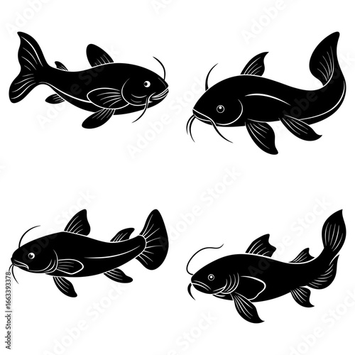 Illustration of four black catfish with detailed fins and whiskers on a white background in silhouette style