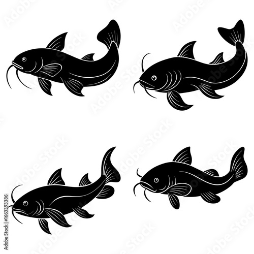 Four stylized black catfish swimming in different directions on a white background illustration art