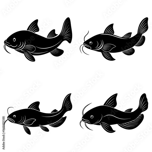 Four stylized black catfish illustrations with detailed fins and whiskers on a white background