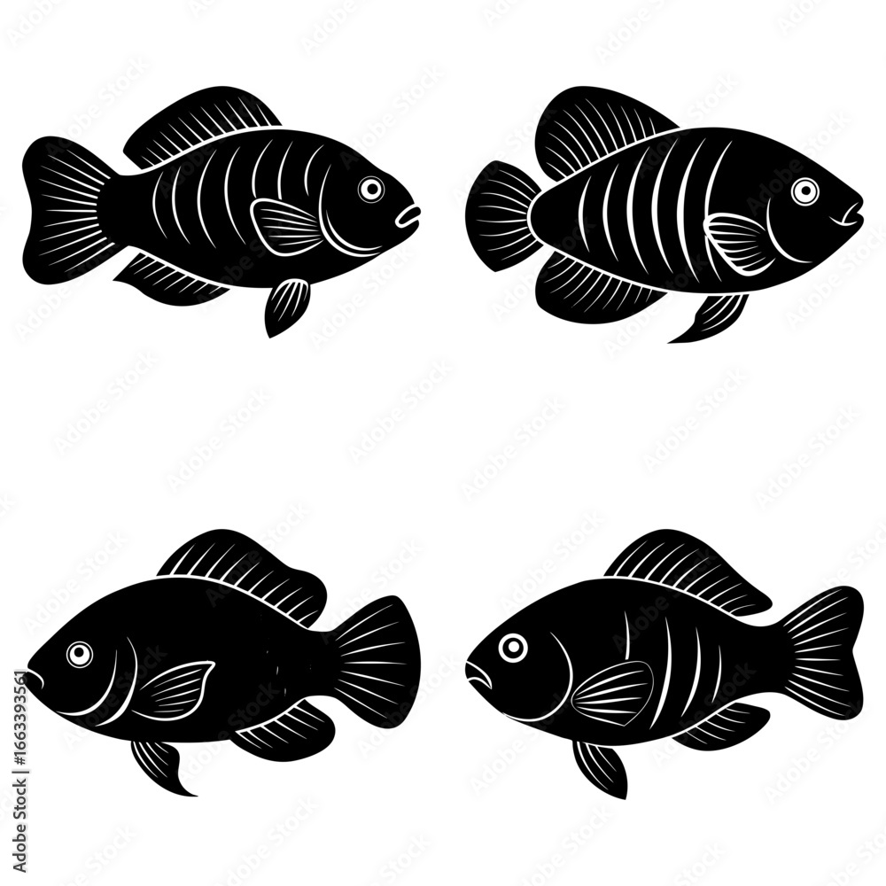 Naklejka premium Four stylized black fish illustrations with detailed fins and scales on a white background design element