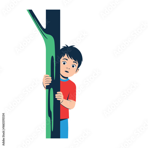 Peek-a-boo Adventure: A curious young boy peers out from behind a tree, his eyes wide with a sense of wonder and anticipation. A whimsical illustration of childhood innocence and curiosity.