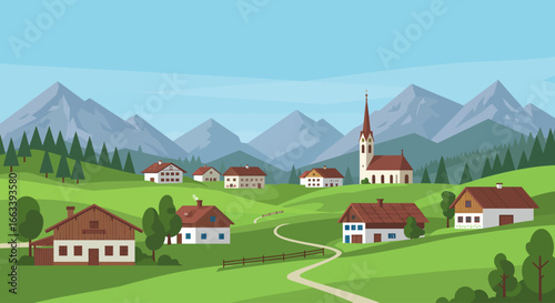 This serene flat design illustration depicts a picturesque Bavarian alpine village nestled among rolling hills and majestic mountains