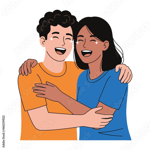 Embracing Happiness: An illustration of two joyful individuals, intertwined in a warm embrace, expressing camaraderie and happiness. 