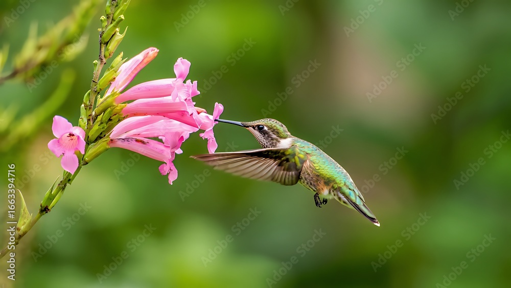 Obraz premium Tiny bird feeding on pink tubular flowers hummingbird pink flowers