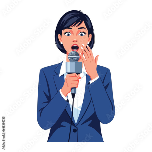 Breaking News: A woman, rendered in a flat illustration style, delivers a startling announcement. Holding a microphone with an expression of shock and disbelief on her face.