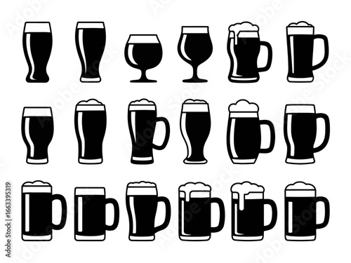 Collection of various beer glasses and mugs in silhouette isolated on white background