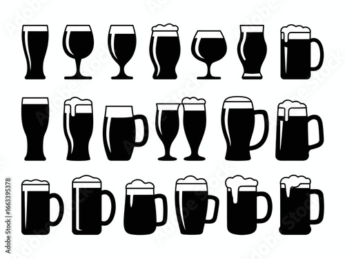 Collection of various beer glasses and mugs silhouette isolated on white background