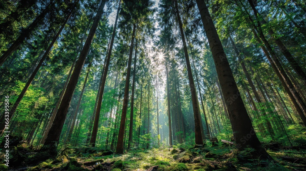 Fototapeta premium Tall trees create a serene atmosphere in a dense forest with sunlight filtering through