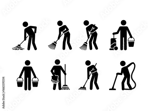 Collection of cleaning person silhouettes with brooms buckets and vacuum cleaners isolated on white background silhouette
