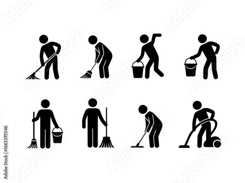 Collection of cleaning person silhouettes with brooms buckets and vacuum cleaner isolated on white background