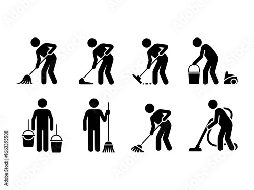 Collection of cleaning person silhouettes with mops brooms buckets and vacuum cleaner isolated on white background silhouette