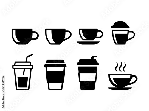 Collection of eight black coffee cup and beverage icons silhouette isolated on white background