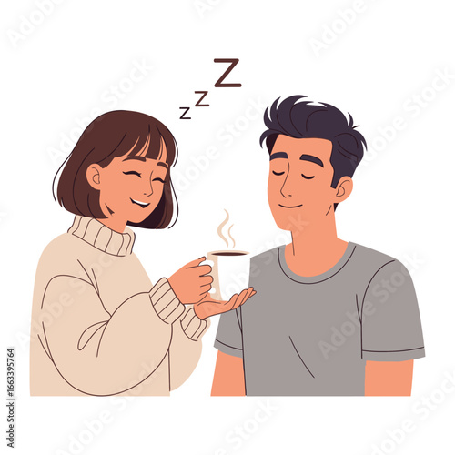 Morning Brew Moment: A heartwarming scene depicts a woman offering a steaming cup of coffee to a sleeping man, symbolizing comfort and care, with a flat illustration style.