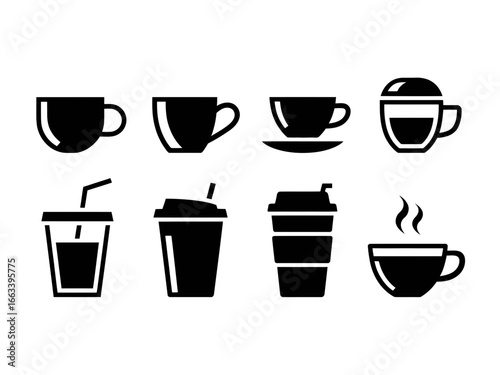 Collection of black coffee and beverage cup silhouettes isolated on white background