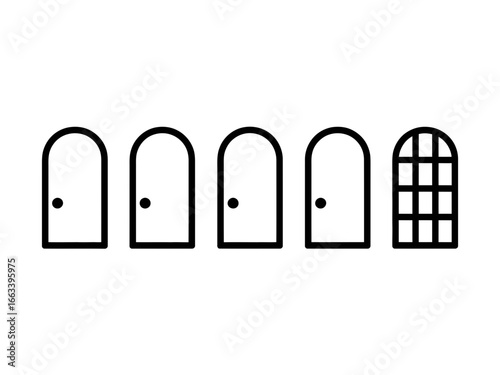 Five arched doorways with one barred window silhouette isolated on white background