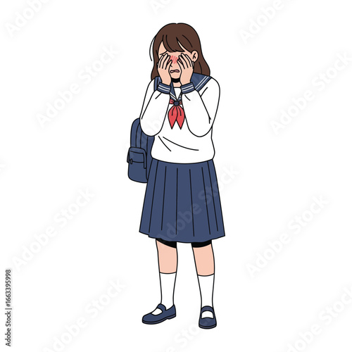 Shy Girl's Distress: A timid schoolgirl, clutching her hands to her eyes, conveys the sensitive emotions of fear and the raw anxiety. The illustration shows her vulnerability