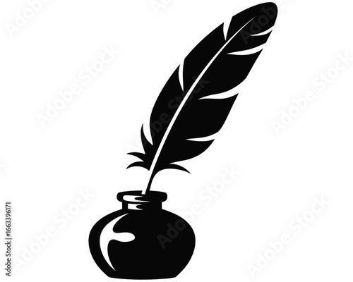 Classic quill pen and inkwell silhouette isolated on white background