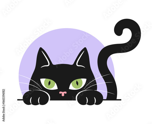 Hiding and peeking black cat with green eyes and wriggling tail. Curious cat icon. Vector illustration
