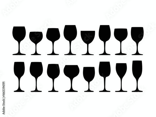 Collection of various wine glasses and goblets silhouette isolated on white background