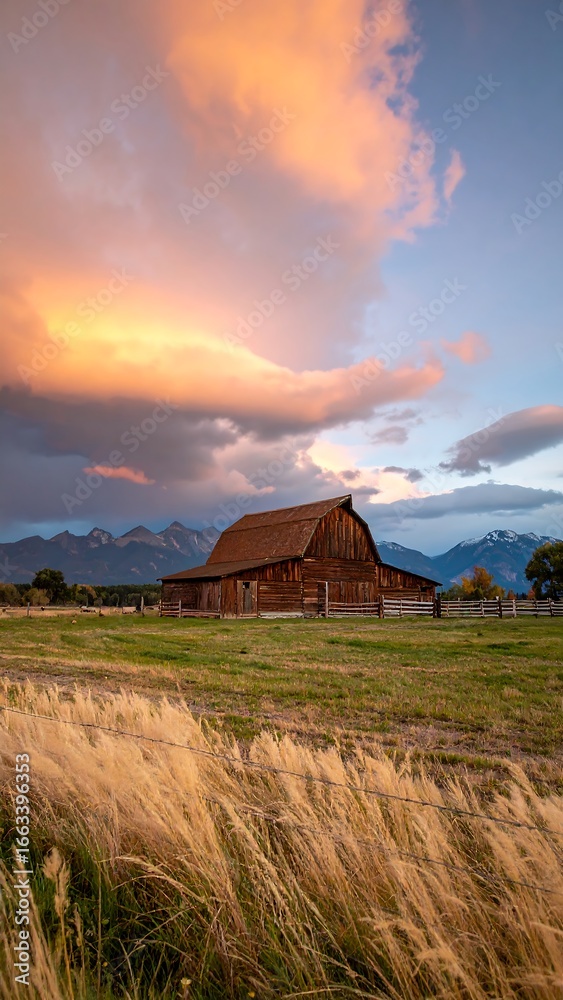 Rustic Barn Sunset, Mountain Valley Field