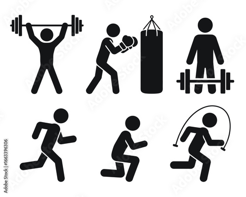 Collection of fitness and exercise icons showing weightlifting boxing running and jump rope silhouette isolated on white background