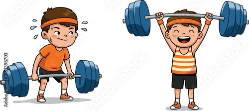 Cartoon boys weightlifting, one lifting barbell with effort, another celebrating strength, fitness training, exercise, sports activity, gym workout, healthy lifestyle, illustration