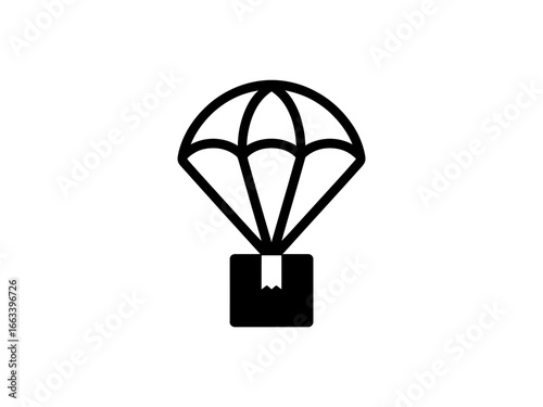 Black silhouette of a package descending with a parachute isolated on white background