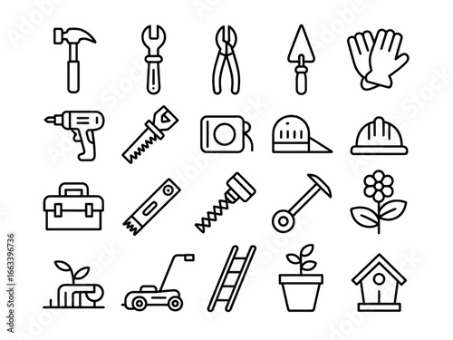Collection of construction and gardening tool icons silhouette isolated on white background