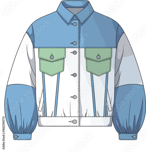 Color-Block Denim Jacket Design, Button Front, Green Flap Pockets, Fashion Outerwear Sketch, Stylish Apparel Layout CAD Drawing Flat Vector Illustration